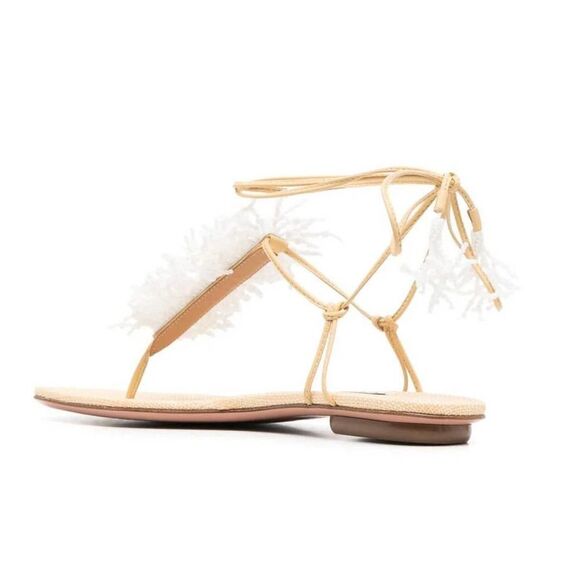 Aquazzura Panarea White Coral Beaded Tie Ankle Flat Sandals Size 37 - Picture 3 of 11
